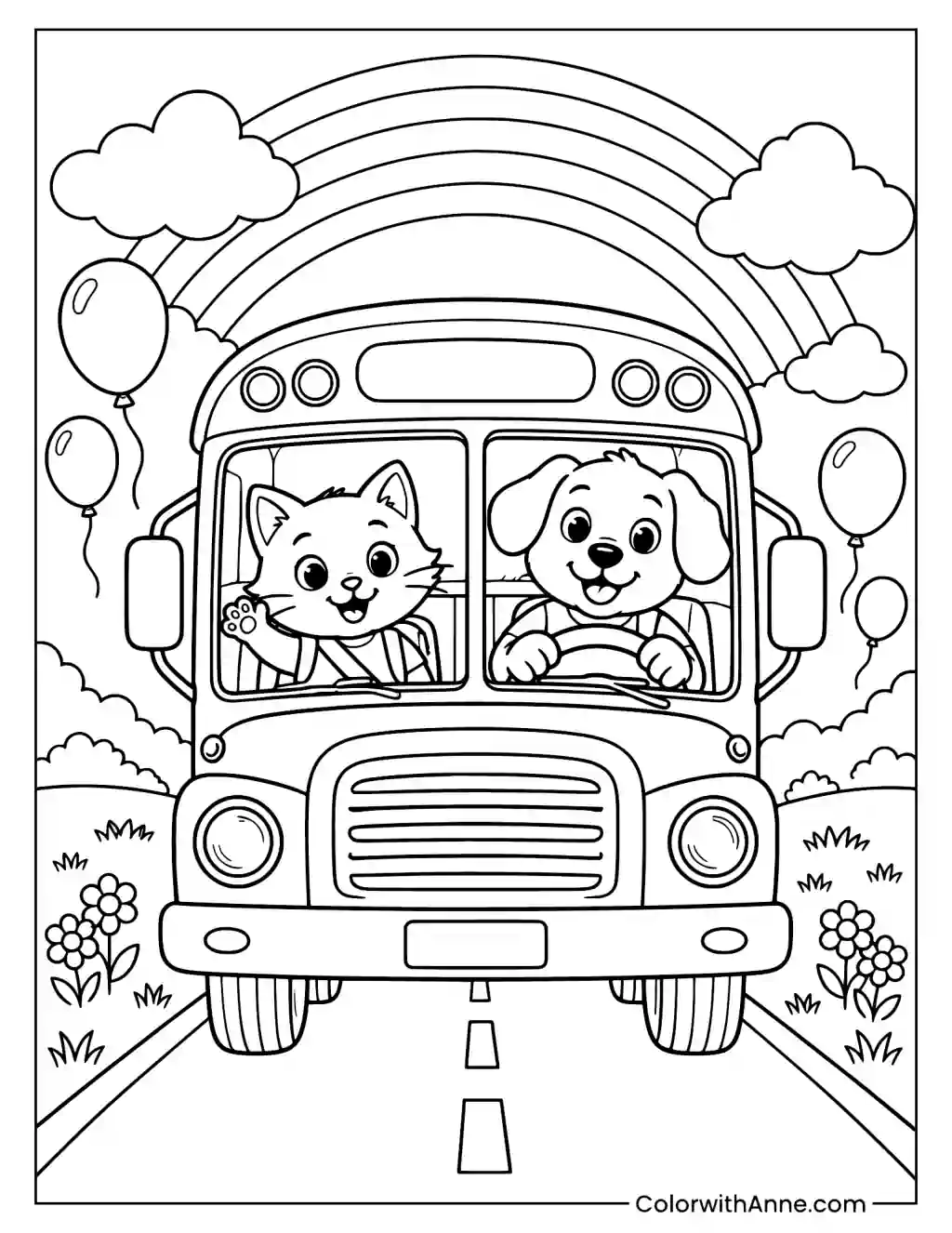 Animal Crew Driving a School Bus Under a Rainbow Coloring Page
