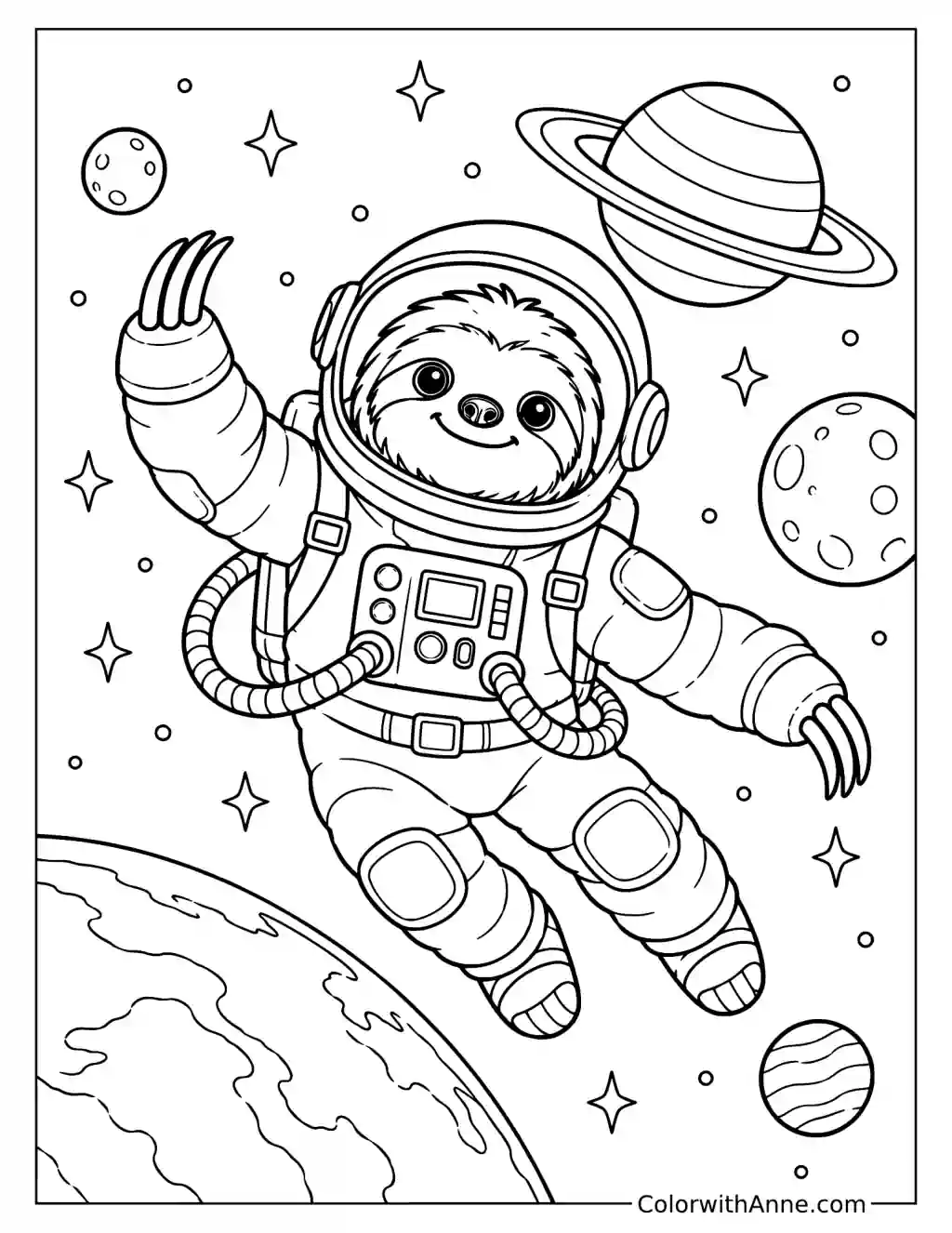 Astronaut Sloth Floating in Space Coloring Page