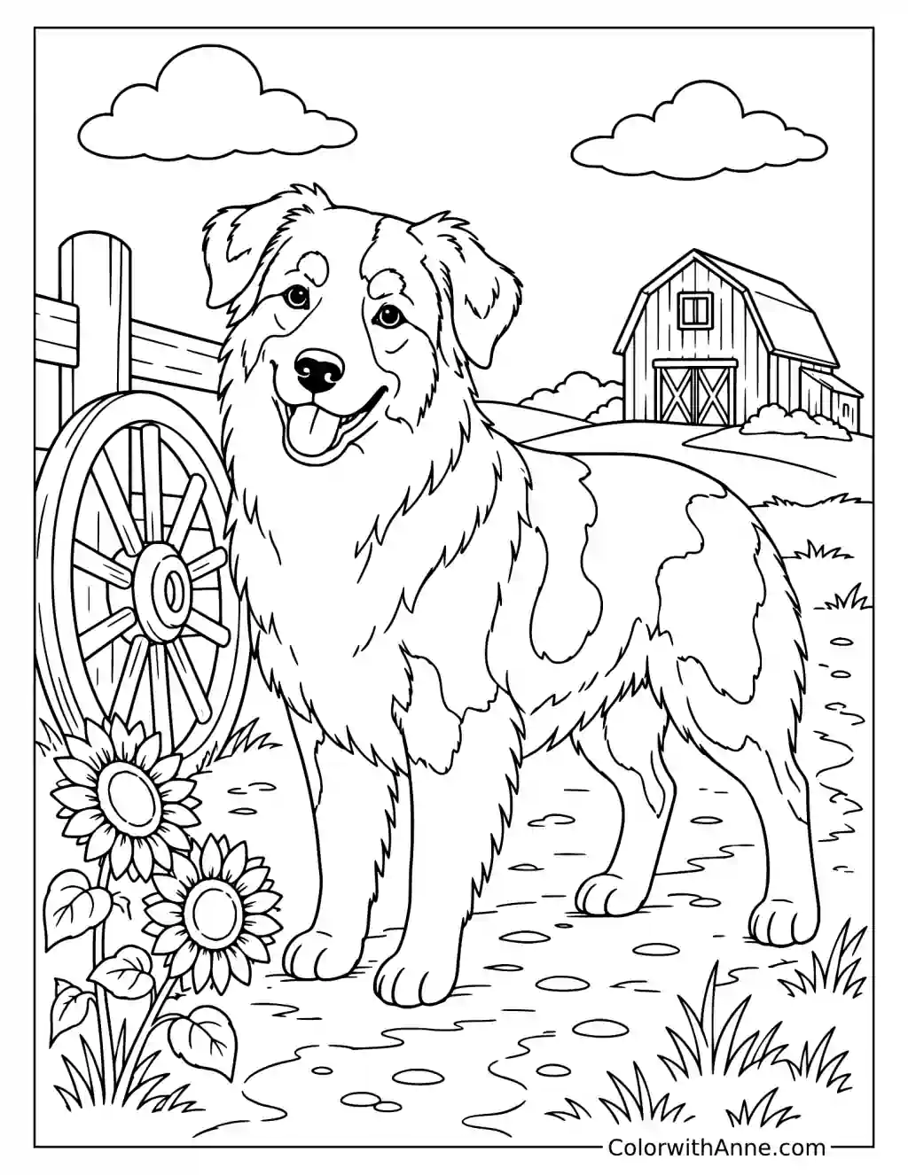 Australian Shepherd on a Ranch Path Coloring Page