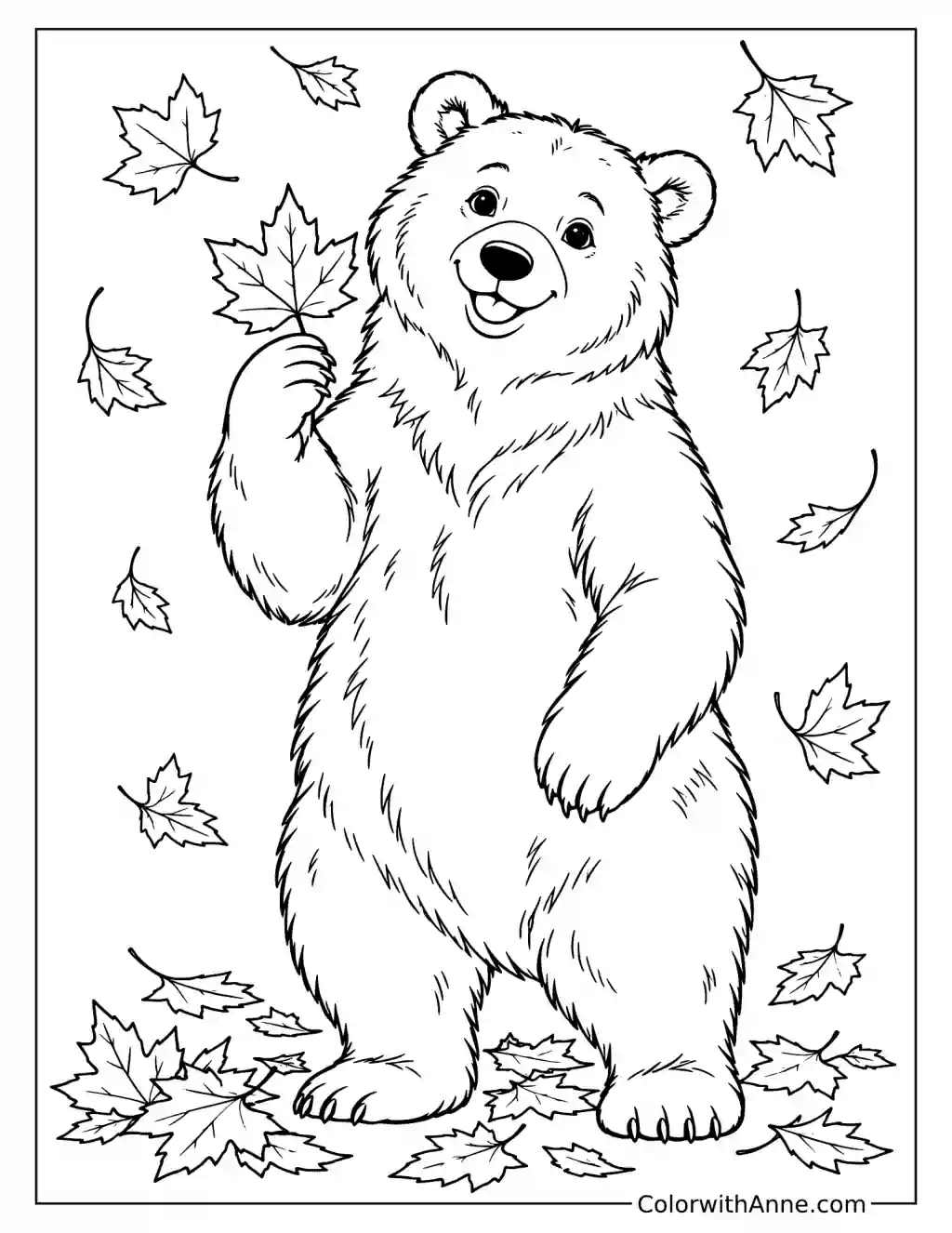 Autumn Bear with Leaves Coloring Page