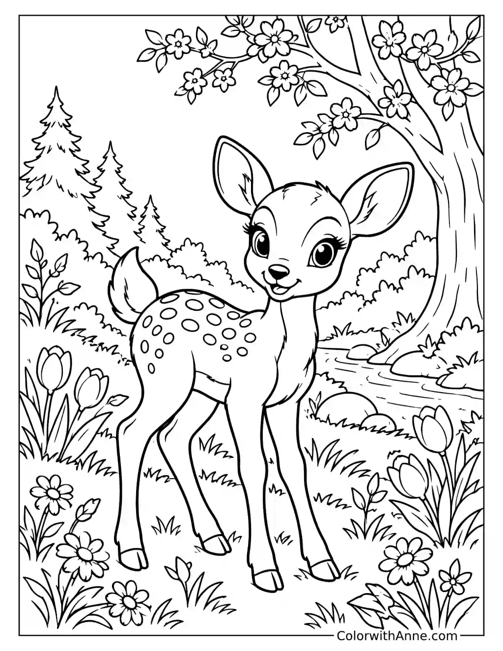 Baby Deer in a Forest Spring Coloring Page