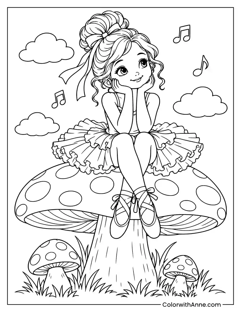 Ballerina Sitting on a Spotted Mushroom Coloring Page