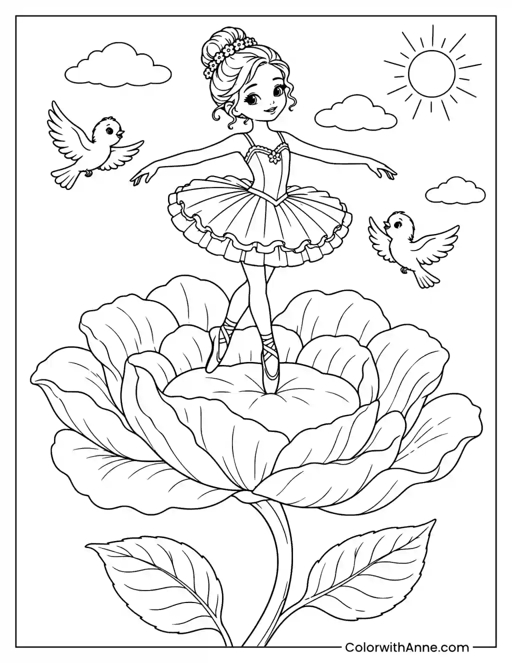 Ballerina Standing on a Flower Petal Coloring Page