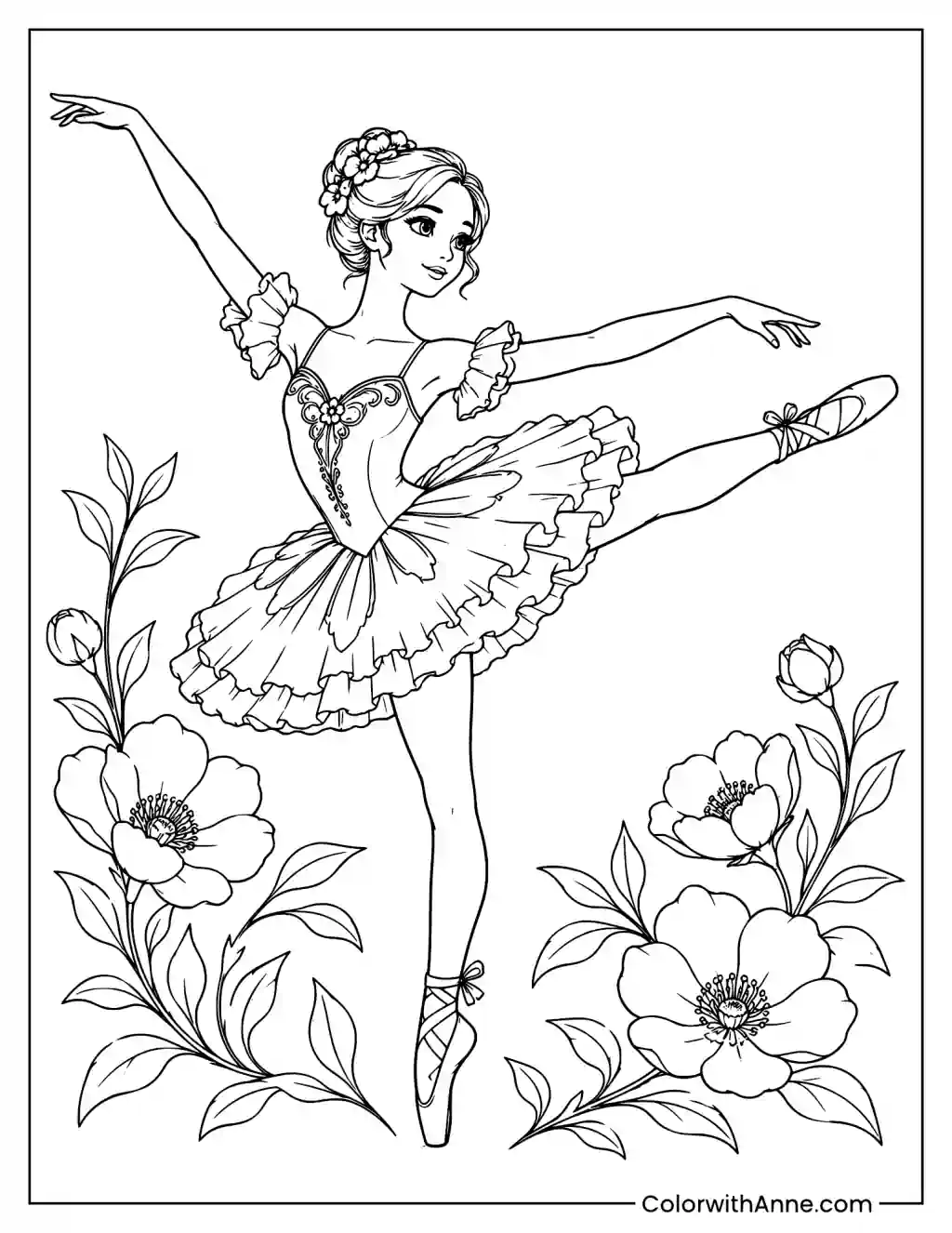 Ballet Dancer in a Floral Daydream Coloring Page