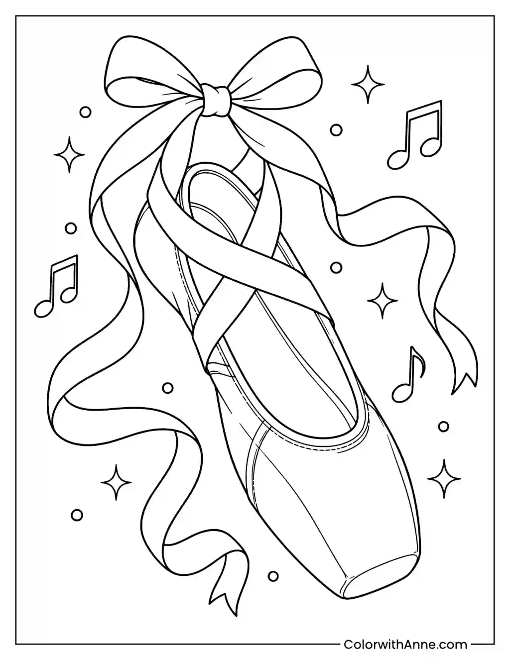 Ballet Pointe Shoe with Ribbons and Music Notes Coloring Page