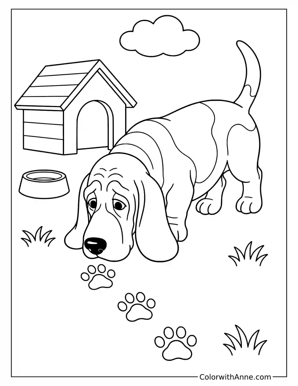 Basset Hound Following Paw Prints Coloring Page