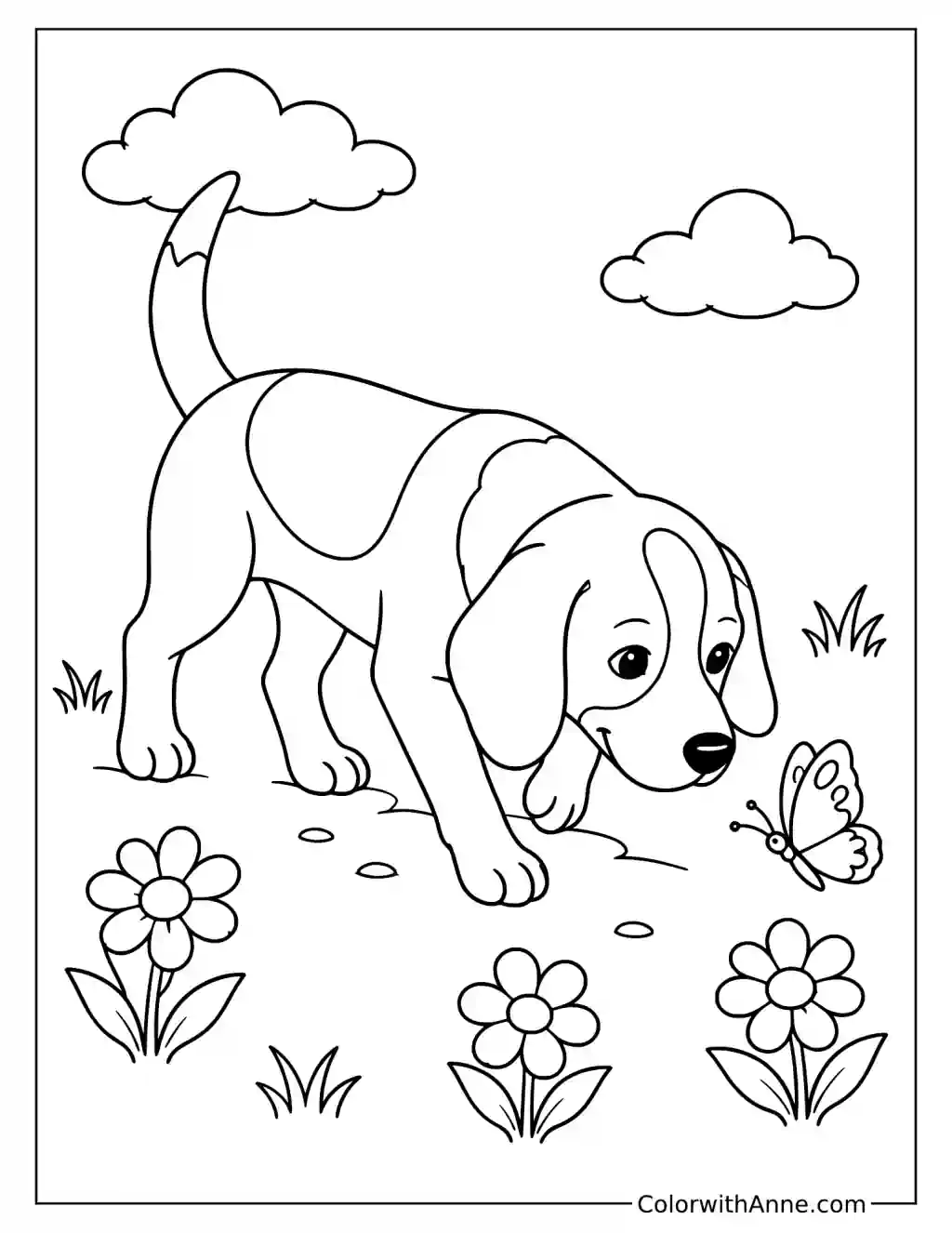 Beagle Follows a Butterfly Coloring Page