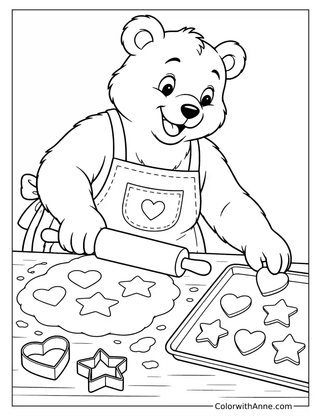 Bear Baking Heart and Star Cookies Coloring Page