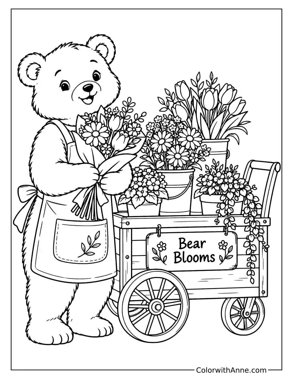 Bear Blooms Flower Cart Coloring Page