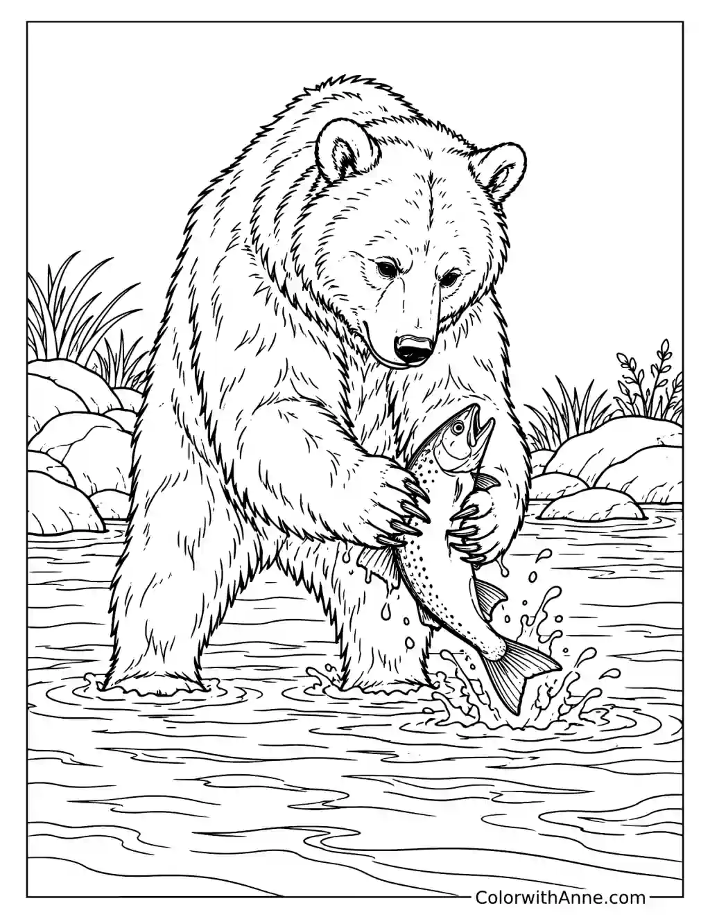 Bear Catching a Fish in the Water Coloring Page
