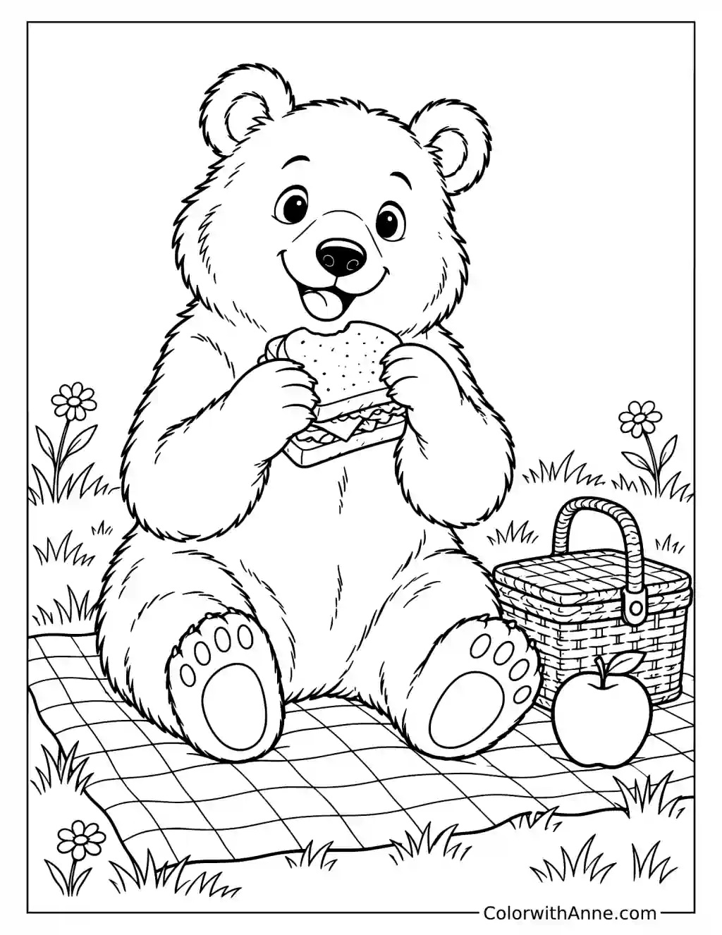 Bear Enjoying a Picnic with a Sandwich Coloring Page