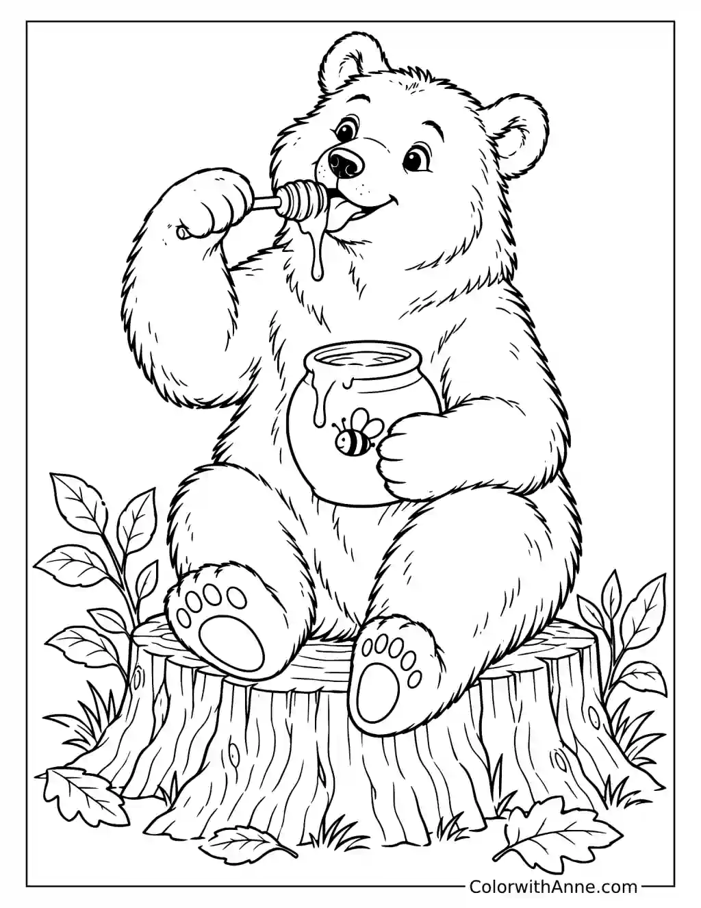 Bear Enjoying Honey on a Tree Stump Coloring Page