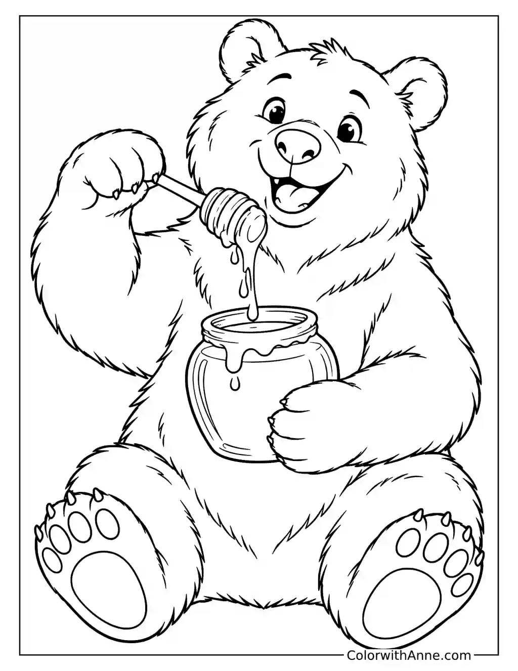 Bear Holding a Honey Jar and Dipper Coloring Page