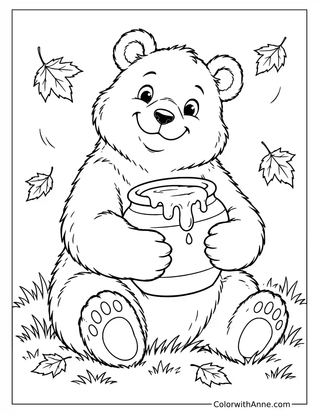 Bear Hugging a Honey Pot with Autumn Leaves Coloring Page