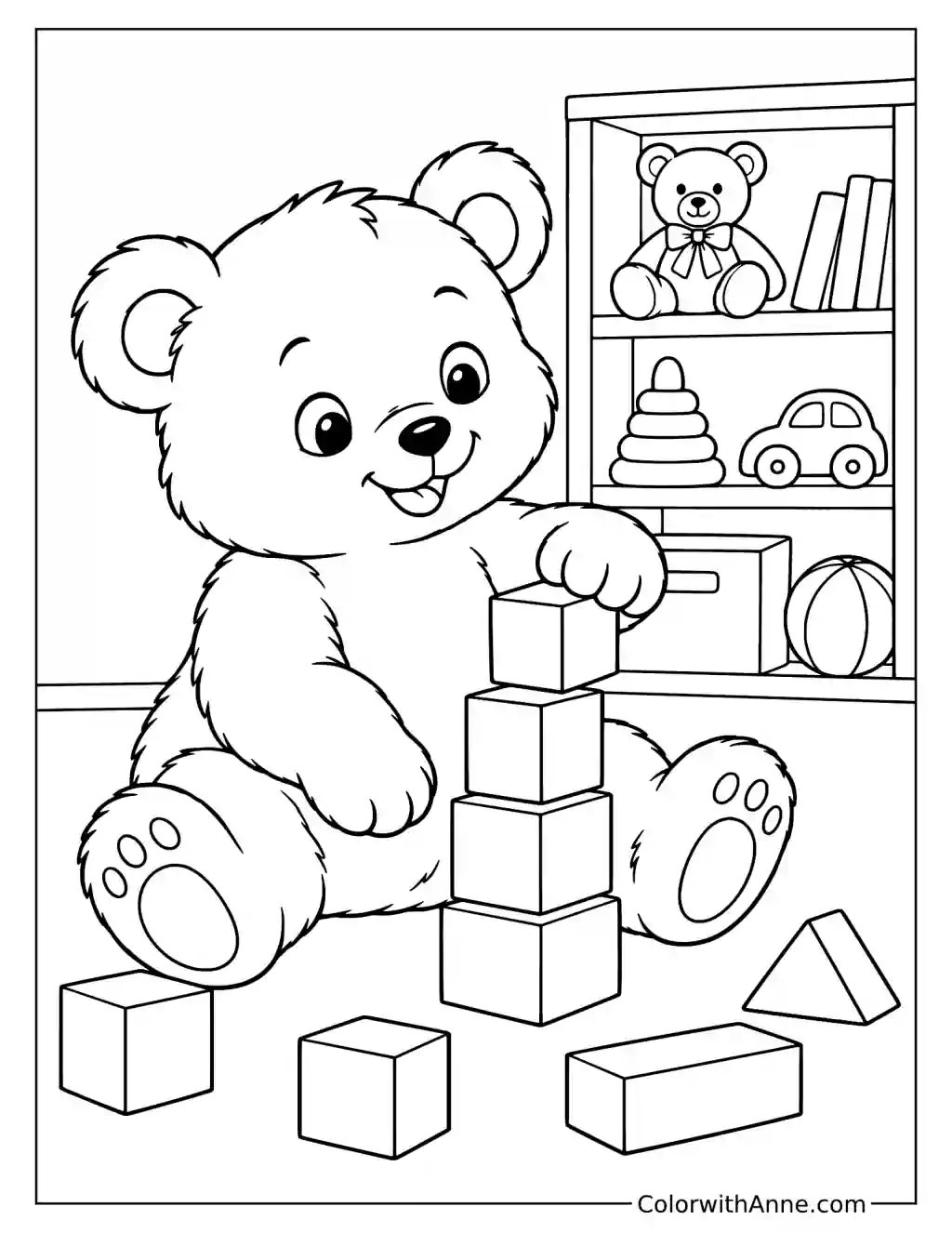 Bear Playing with Blocks in a Playroom Coloring Page