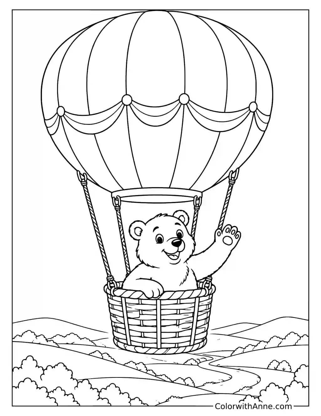 Bear Riding in a Hot Air Balloon Coloring Page