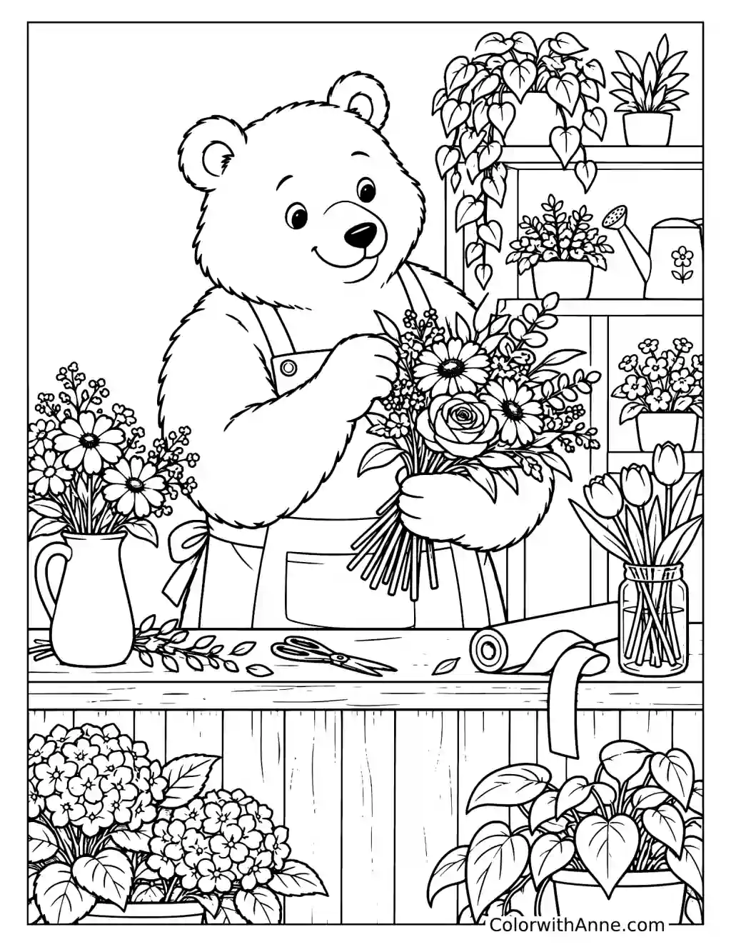 Bear Running a Flower Shop Coloring Page