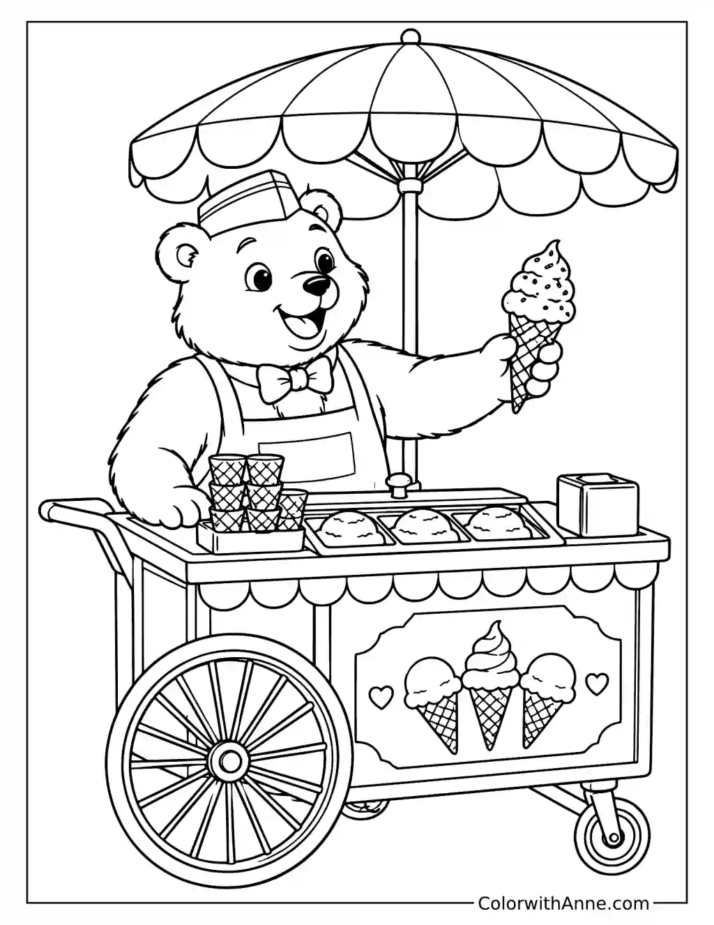Bear Selling Ice Cream from a Cart Coloring Page