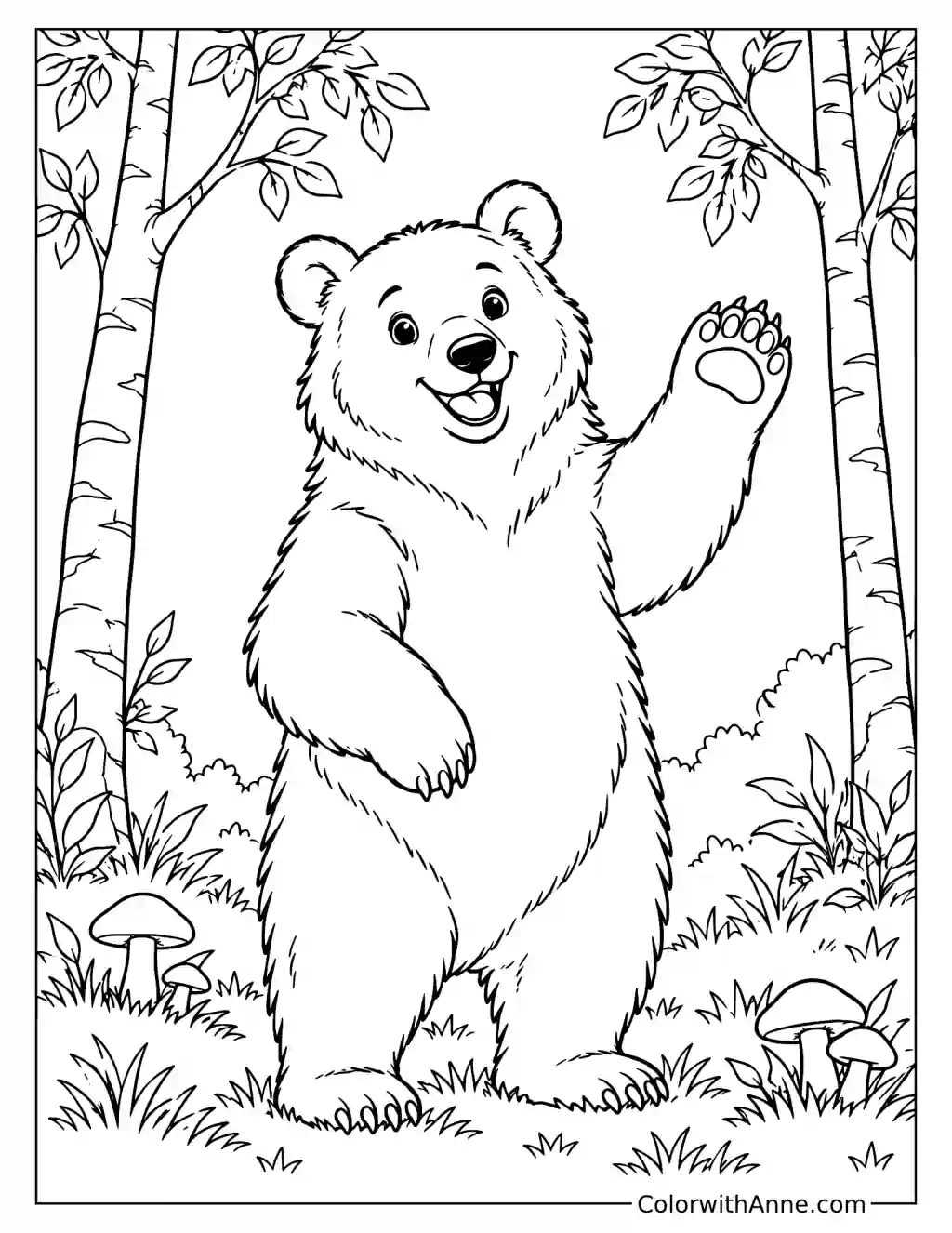 Bear Waving in a Forest Clearing Coloring Page