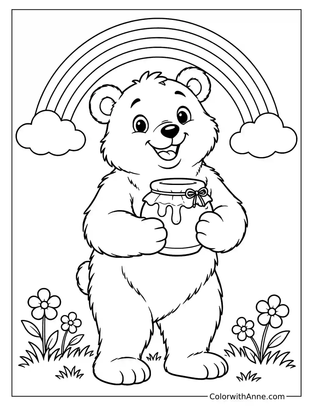 Bear with a Honey Jar Under a Rainbow Coloring Page