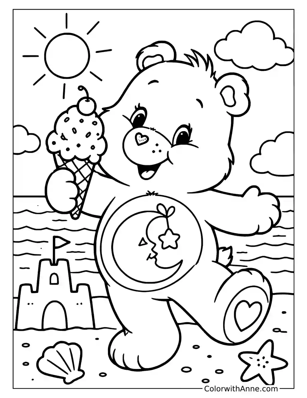 Bedtime Bear Enjoying Ice Cream at the Beach Coloring Page