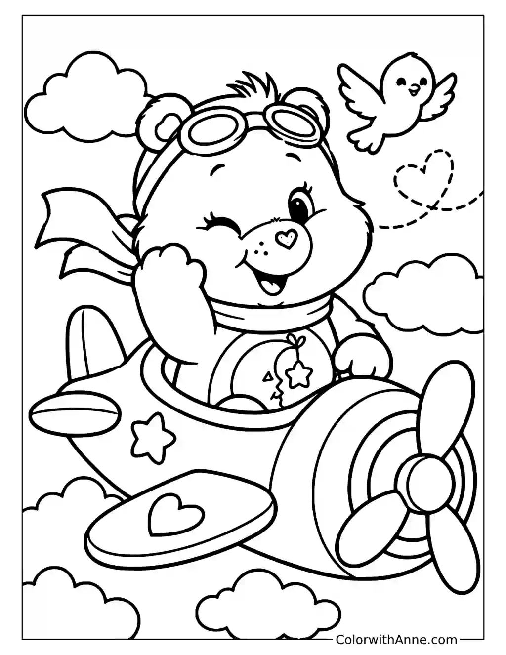 Bedtime Bear Flying a Toy Airplane Coloring Page