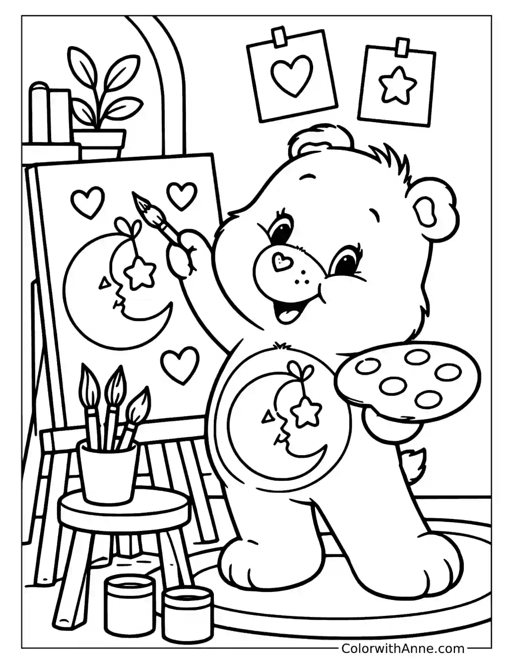 Bedtime Bear Painting at an Easel Coloring Page