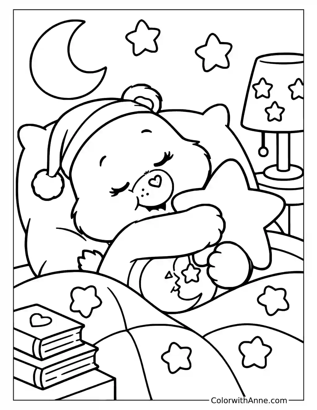 Bedtime Bear Sleeping Under a Starry Blanket Coloring Page