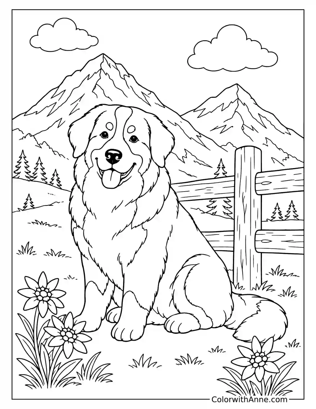 Bernese Mountain Dog in an Alpine Meadow Coloring Page