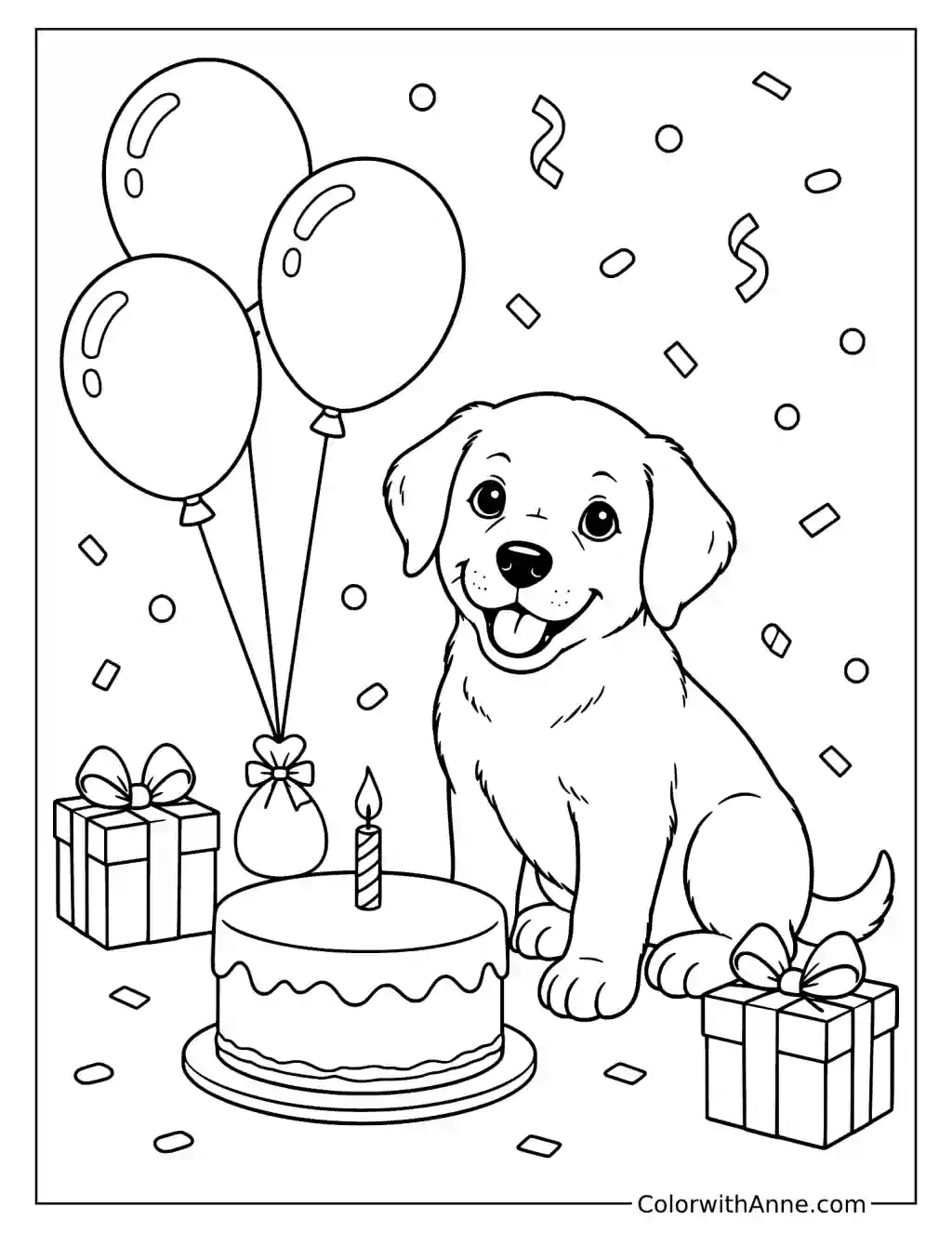 Birthday Puppy with Balloons and Gifts Coloring Page