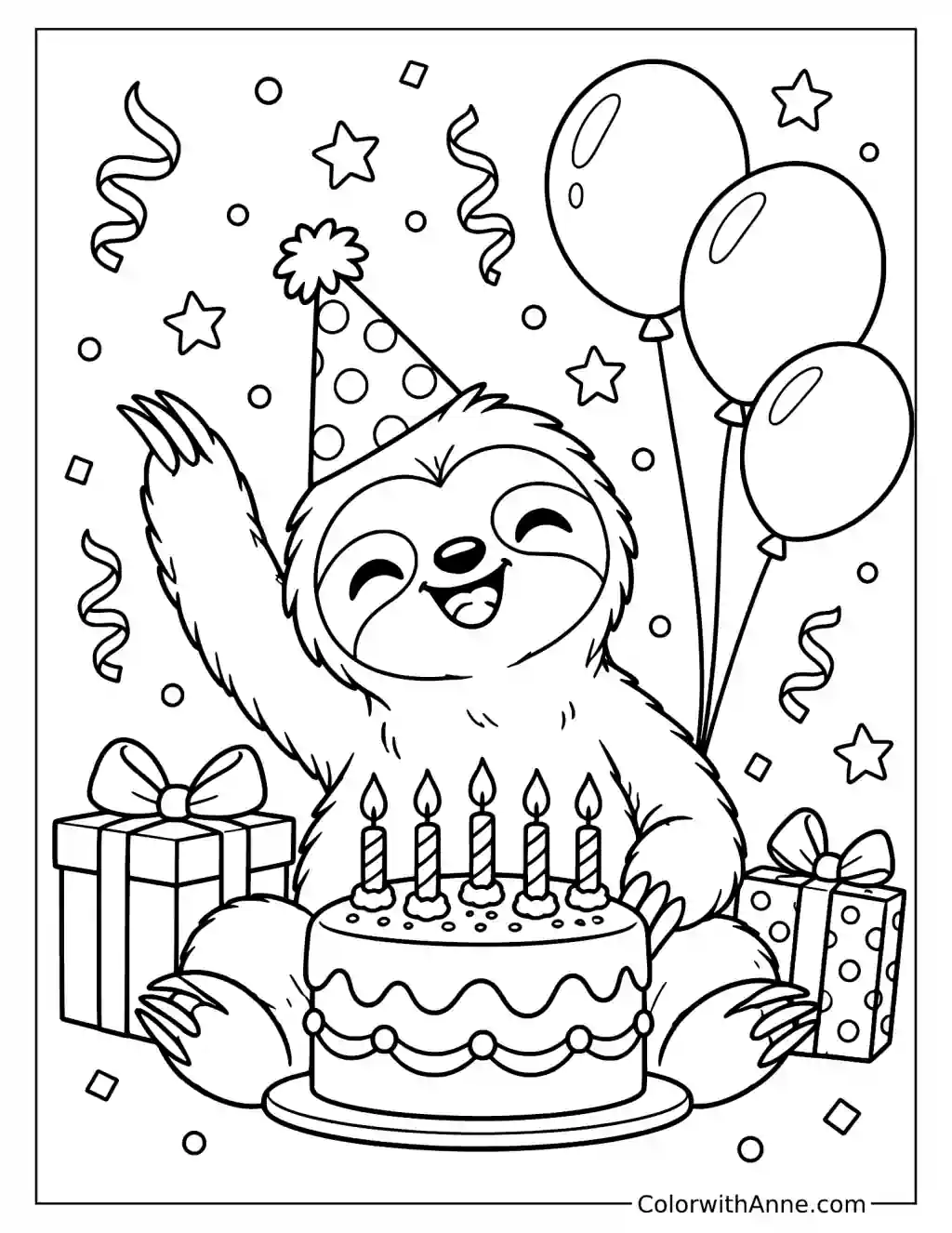 Birthday Sloth with Cake, Balloons, and Gifts Coloring Page