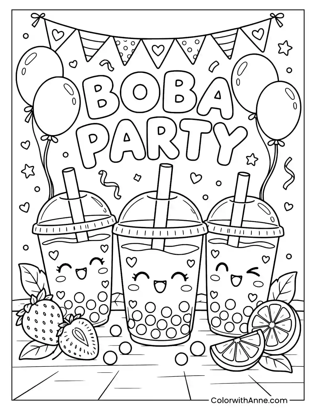 Boba Party with Balloons and Fruits Coloring Page