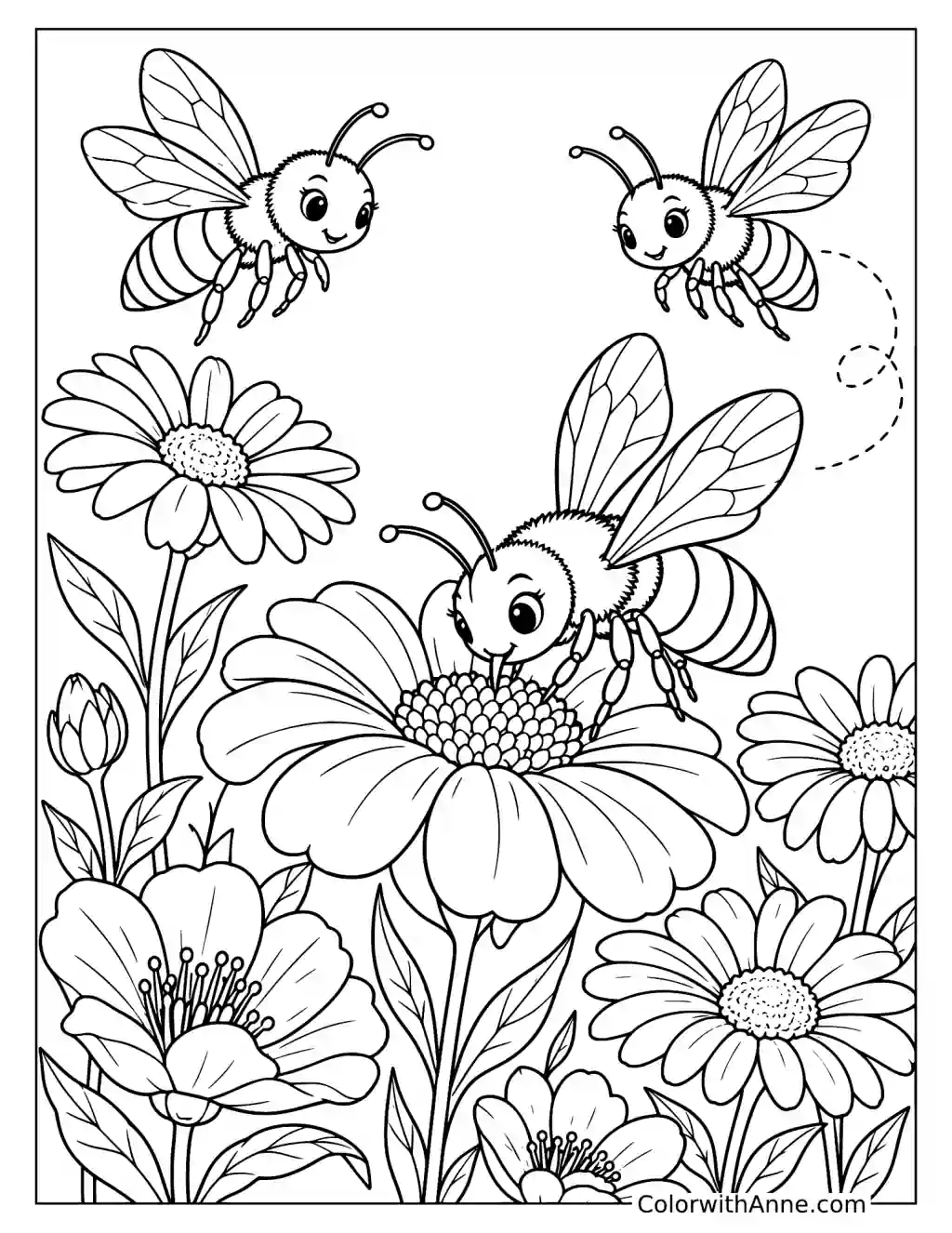 Busy Bees and Flowers Coloring Page