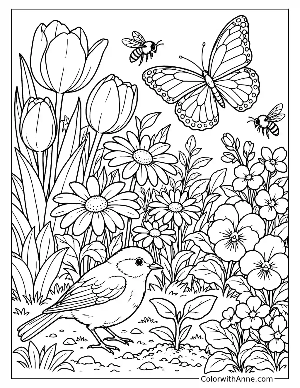 Busy Garden with Birds, Bees, and Butterflies Spring Coloring Page