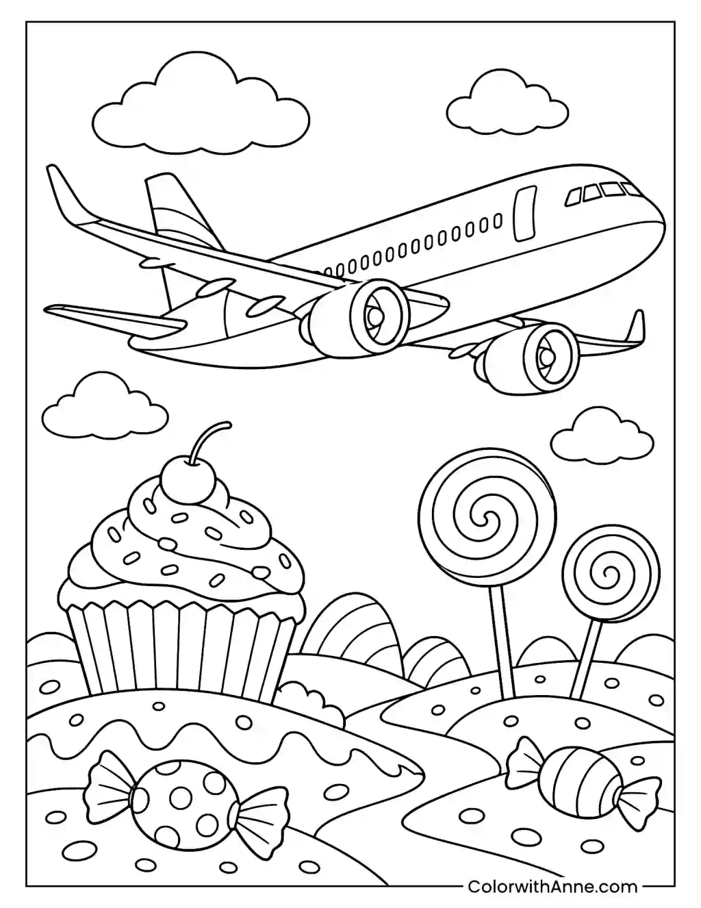 Candy-Themed Airplane with Sweets and Desserts Coloring Page