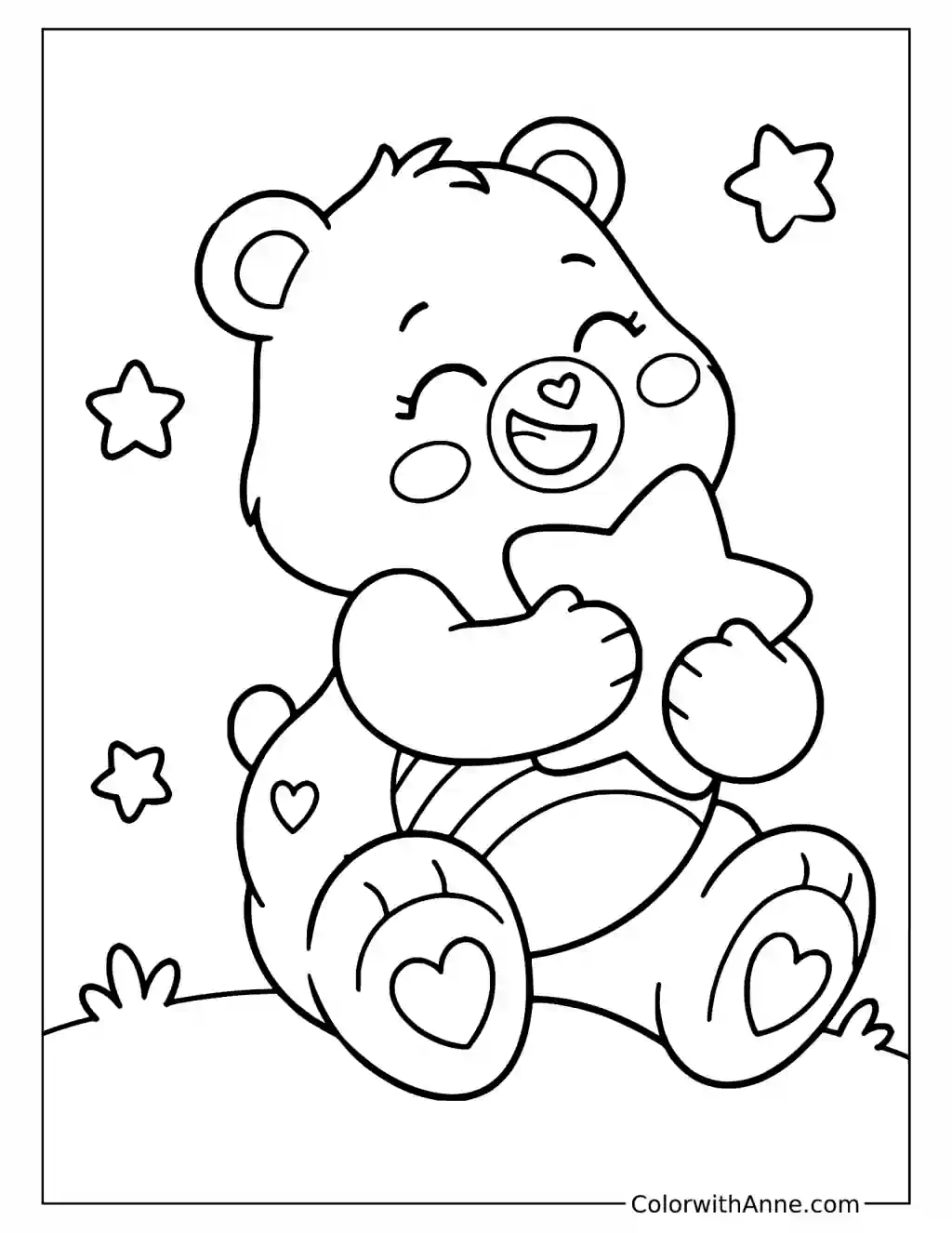 Care Bear Hugging a Heart Among Stars Coloring Page