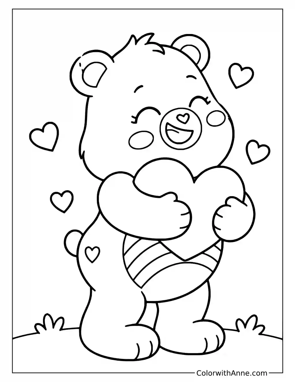 Care Bear Hugging a Heart over a Rainbow Badge Coloring Page
