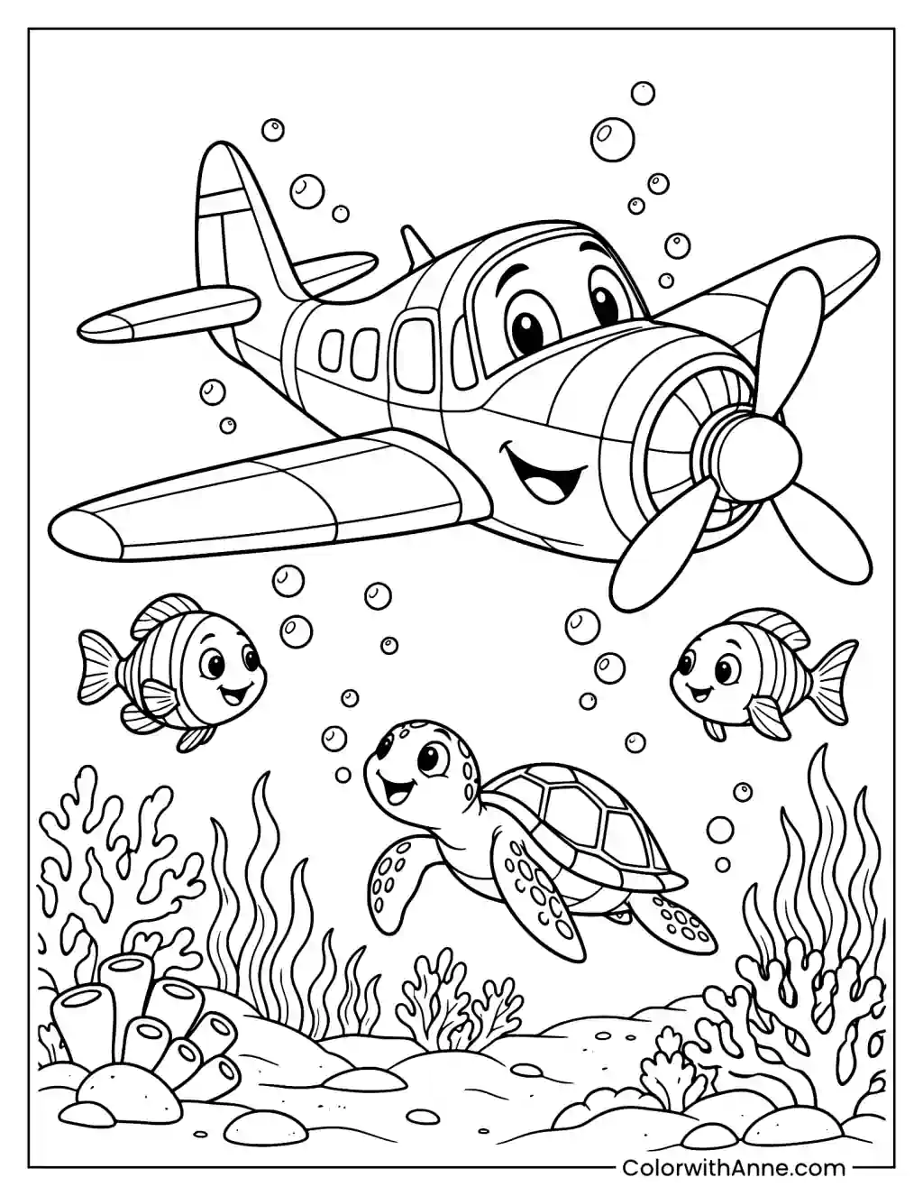 Cartoon Airplane in the Ocean Coloring Page