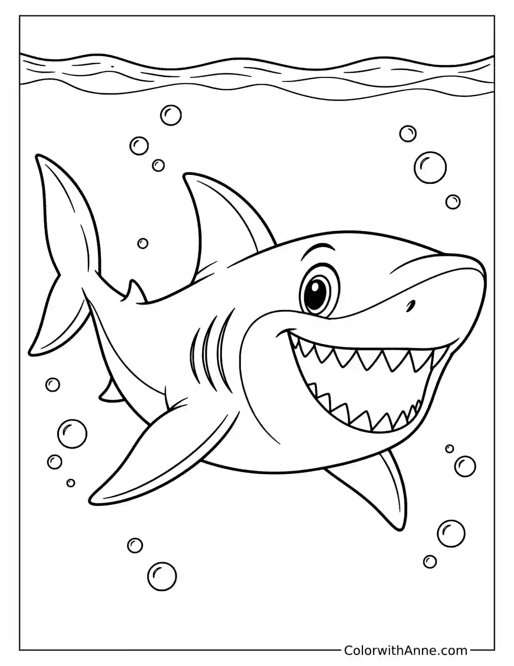 Cartoon Shark with Bubbles and Water Surface Coloring Page