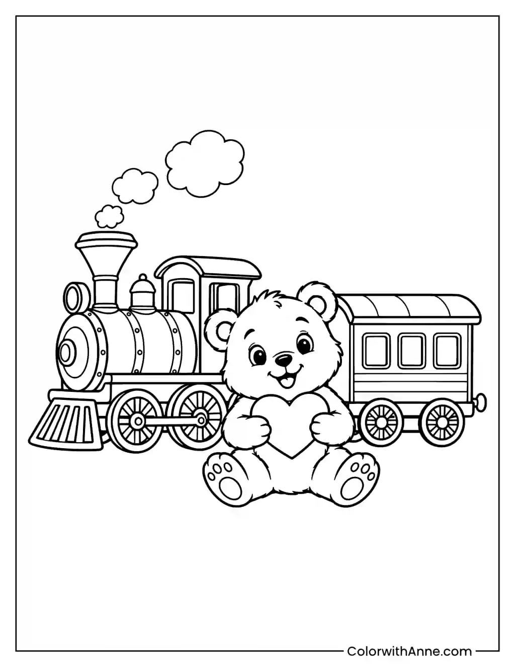 Cartoon Train and a Bear Coloring Page