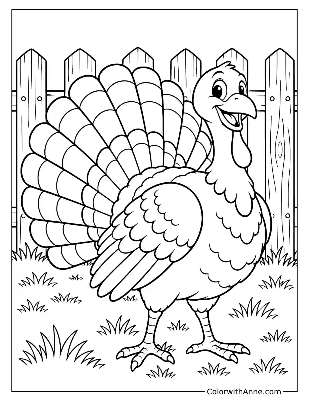 Cartoon Turkey in Front of a Wooden Fence Coloring Page