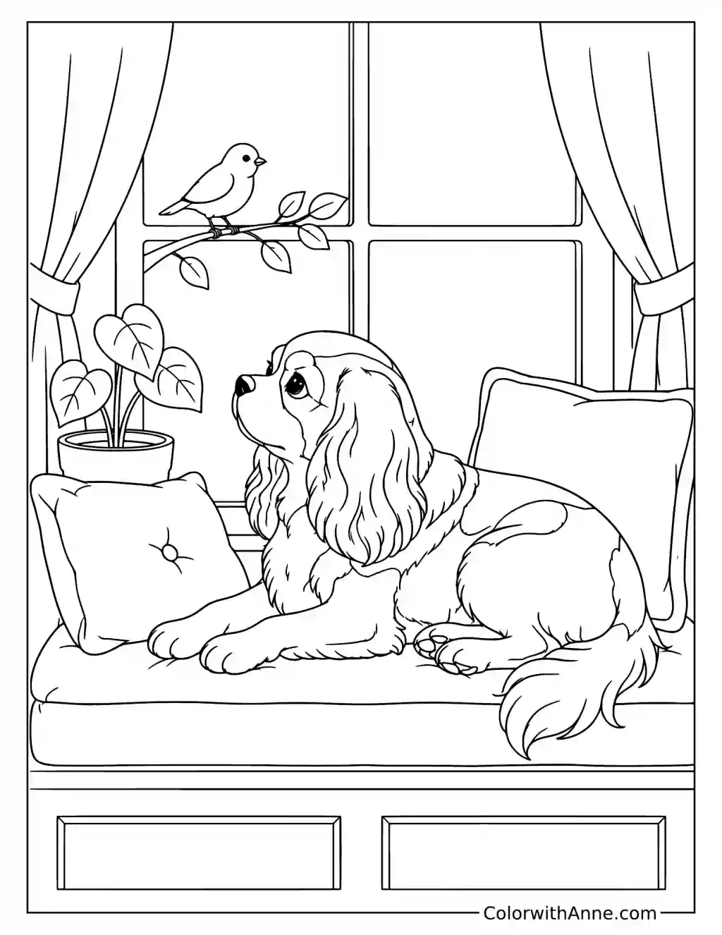 Cavalier Spaniel at the Window Coloring Page