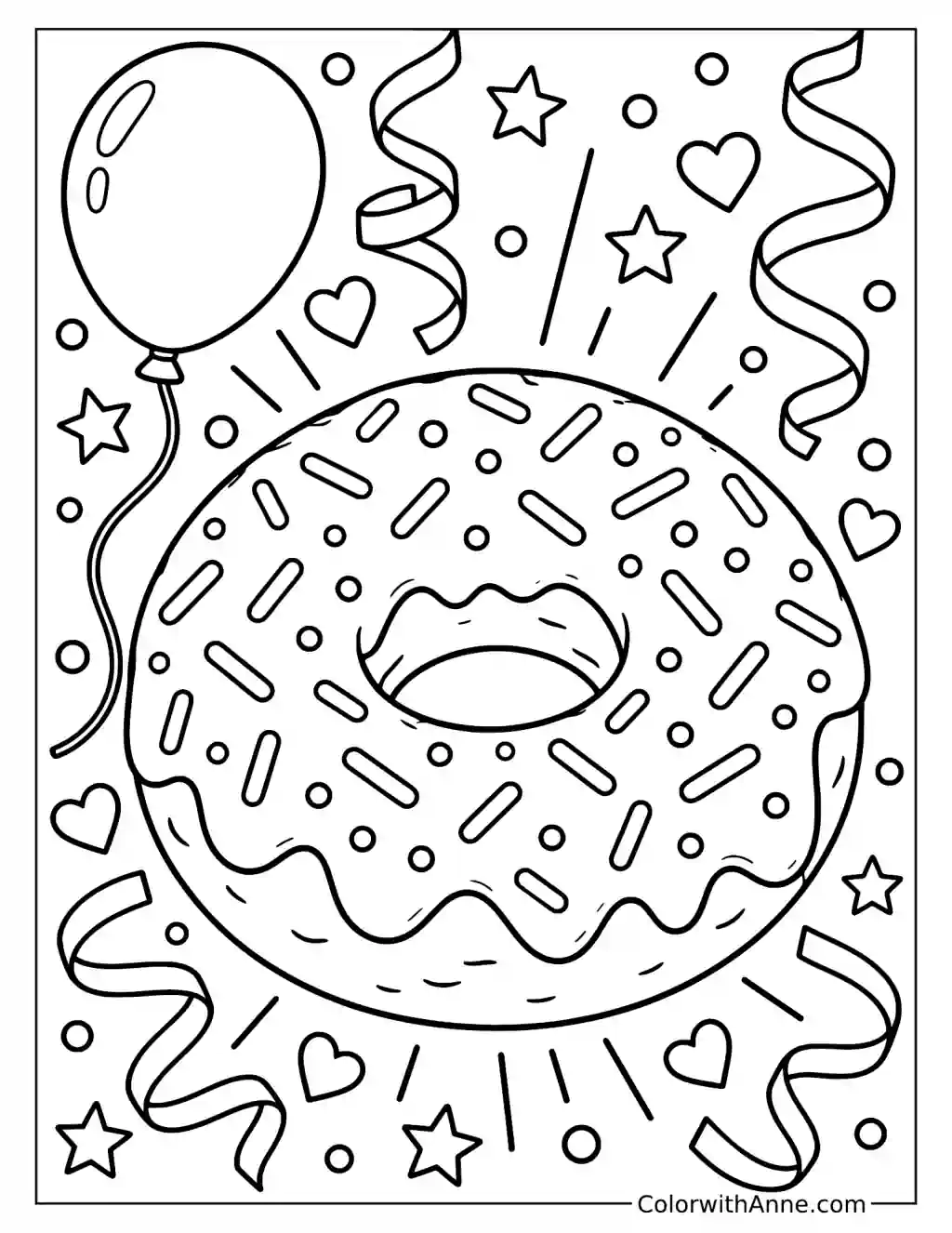 Celebration Donut with Balloon and Streamers Coloring Page