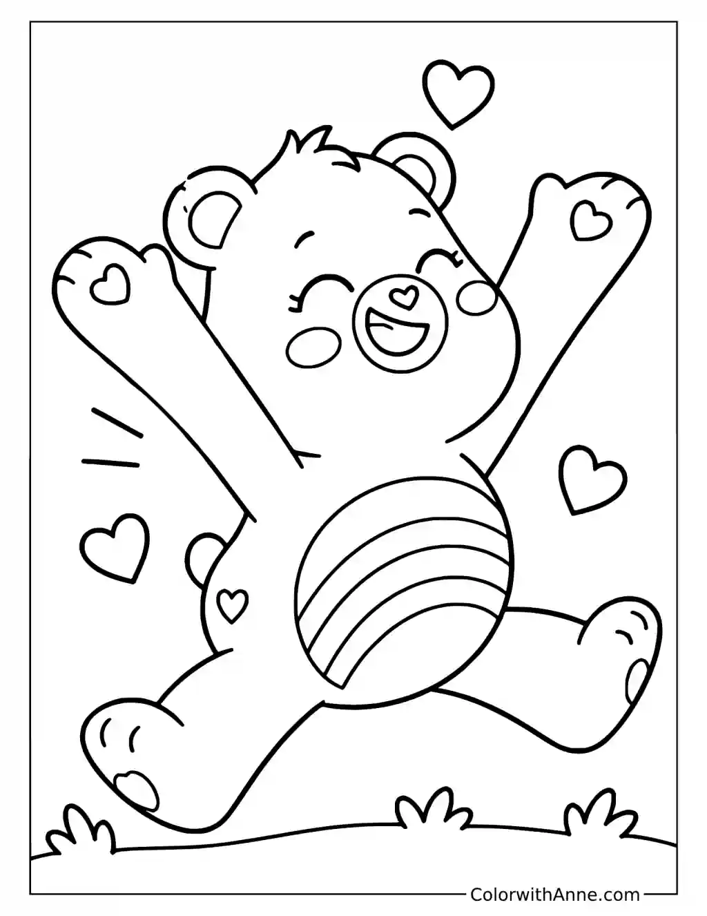 Cheer Bear Leaping with Arms Raised Coloring Page