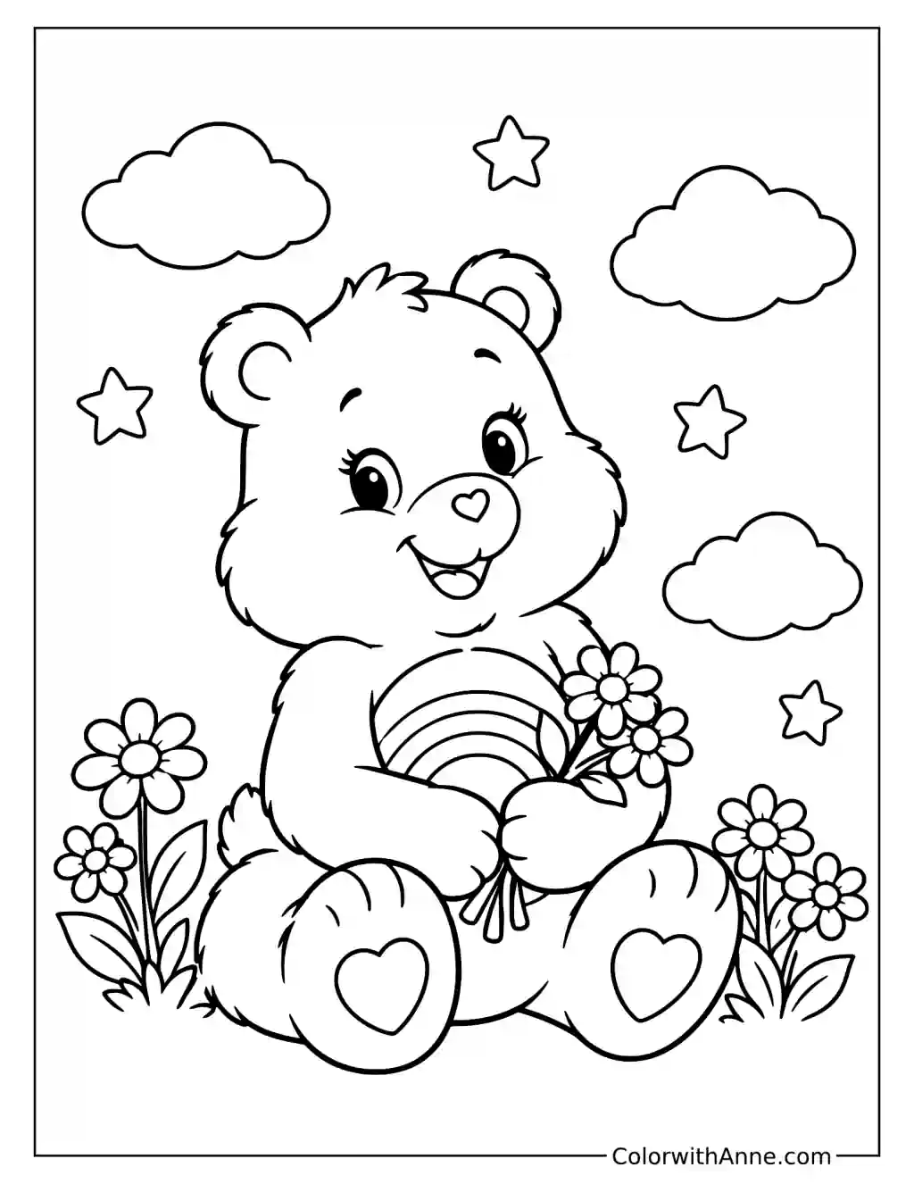 Cheer Bear Sitting with Flowers and Stars Coloring Page