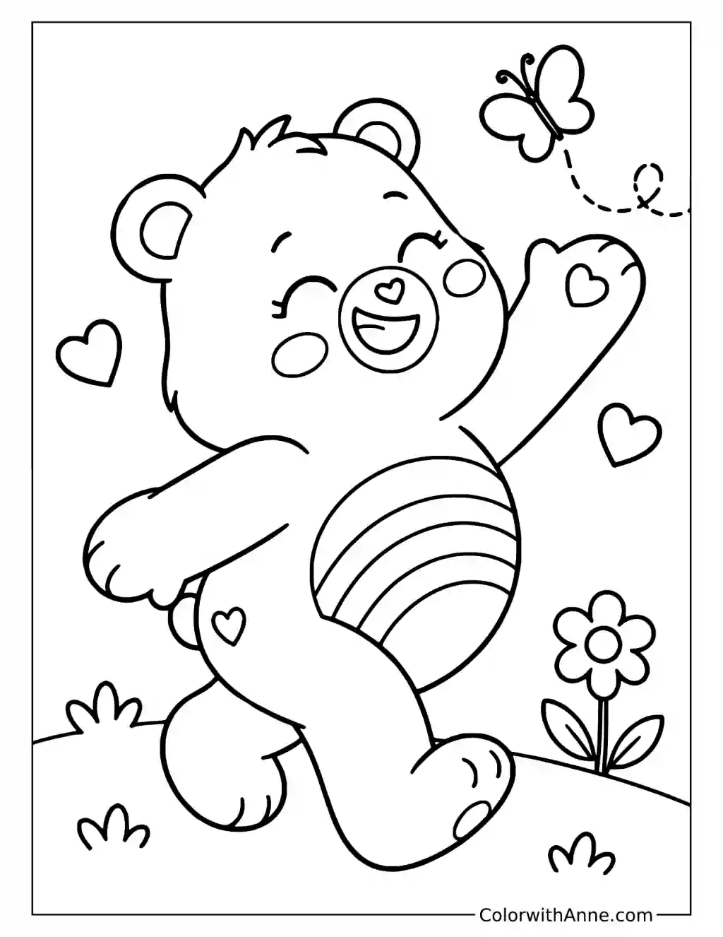 Cheer Bear Waving to a Butterfly Coloring Page