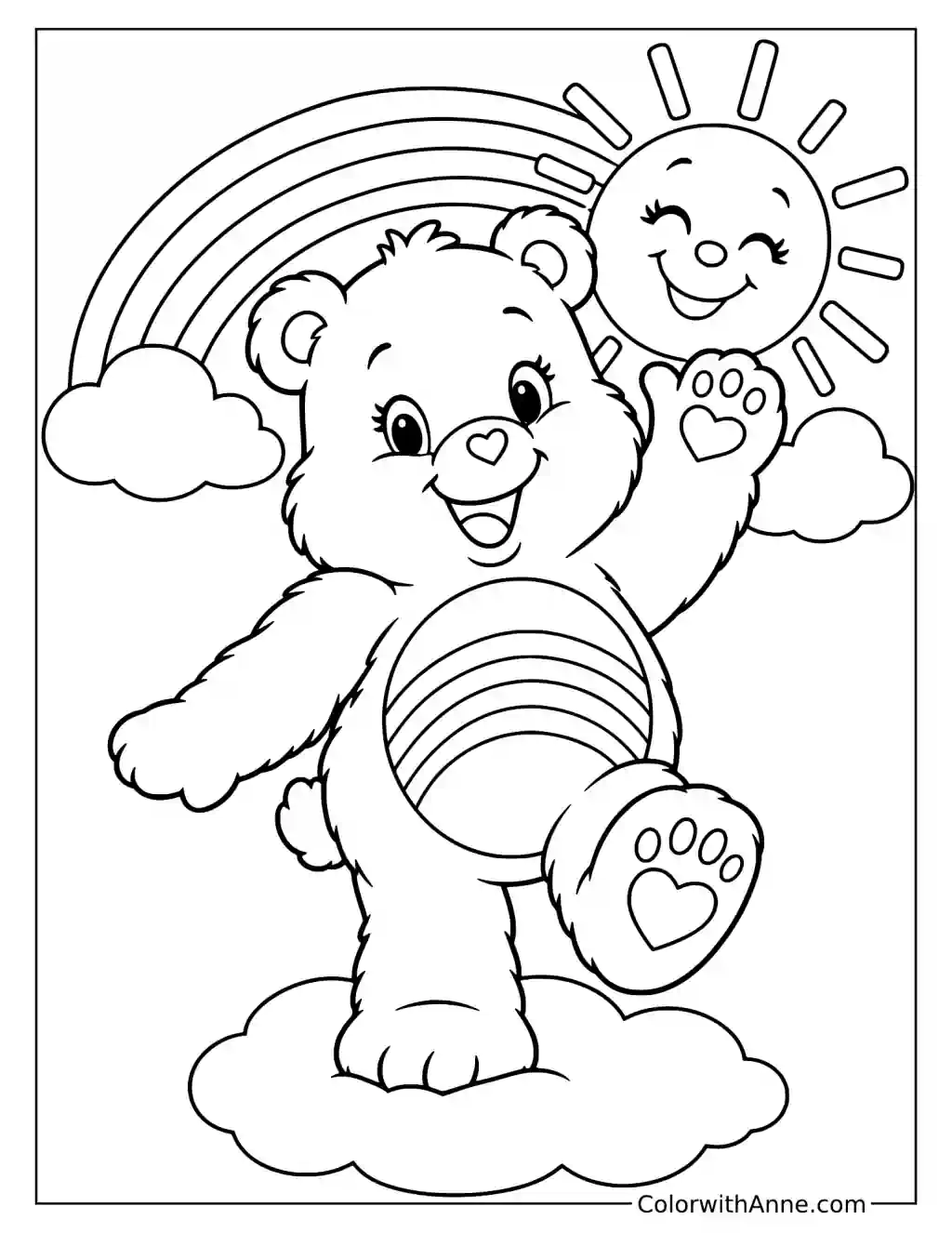 Cheer Bear Waving with Sunshine Coloring Page