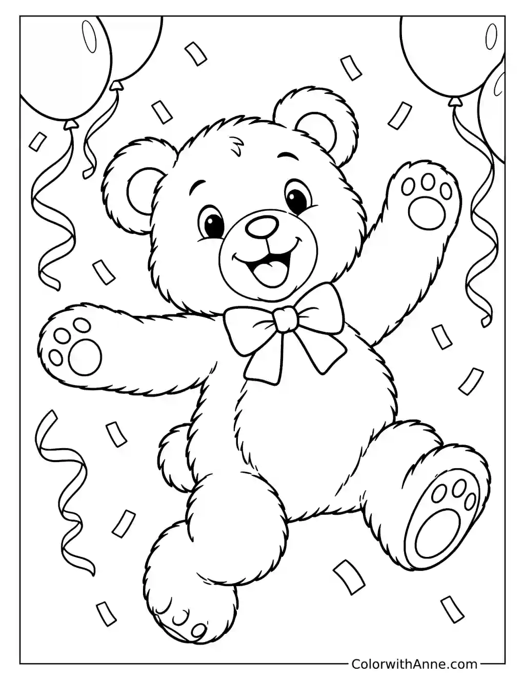 Cheerful Teddy Bear with Balloons and Streamers Coloring Page