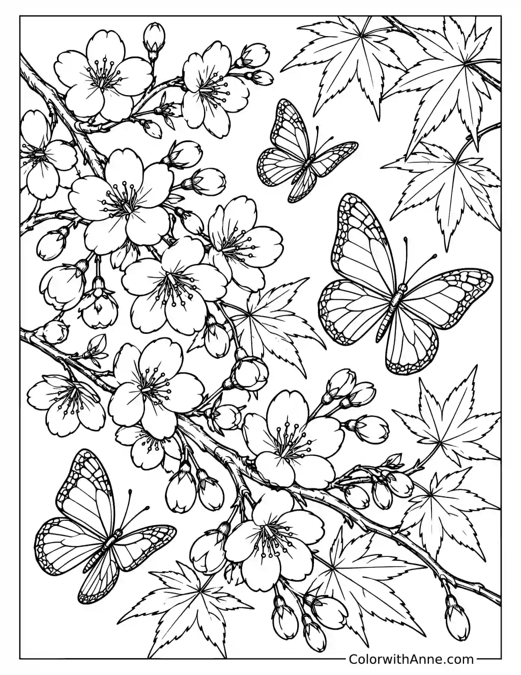 Cherry Blossoms, Maple Leaves, and Butterflies Spring Coloring Page