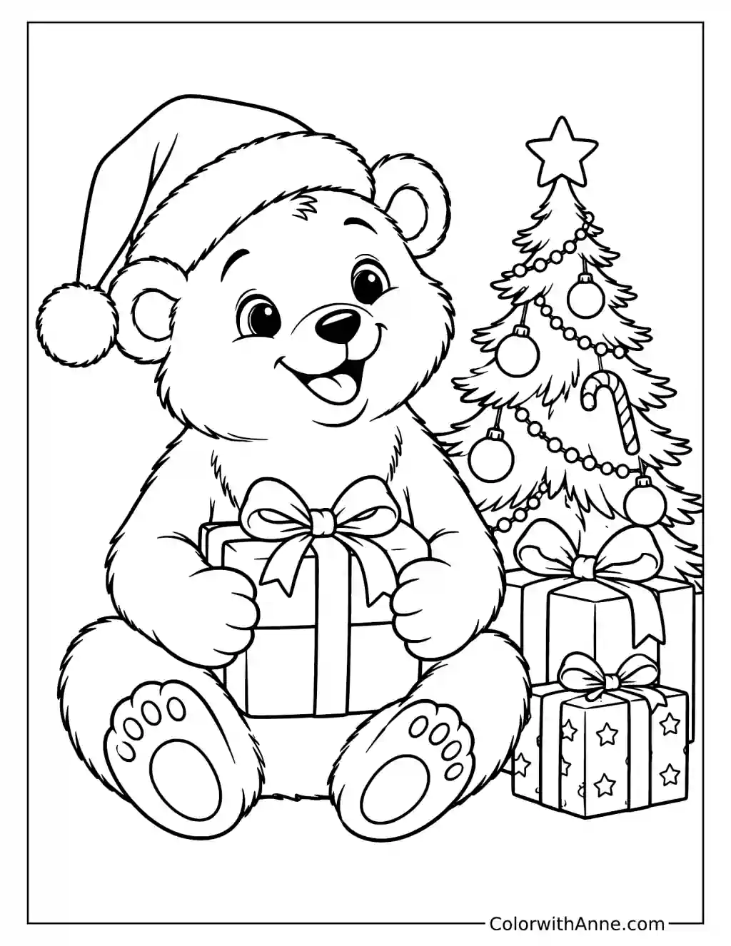 Christmas Bear with Presents Coloring Page